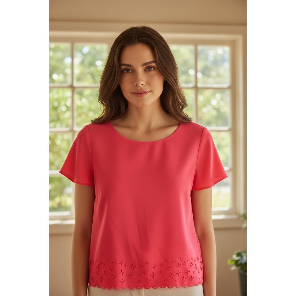 J.Crew Bright Coral Pink Eyelet Hem Blouse Size S Scalloped Trim Short Sleeve - Picture 7 of 7